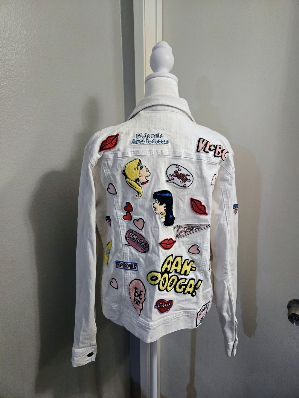 White Embroidered Patch Denim Jacket with Pop Art Patches